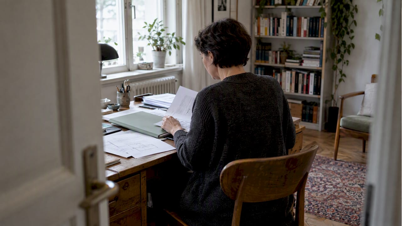 Die Eigentümerin ordnet Verkaufsunterlagen im Arbeitszimmer.